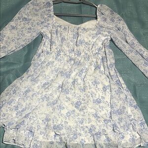 Blue and White Puff Sleeve Tiered Mini Dress